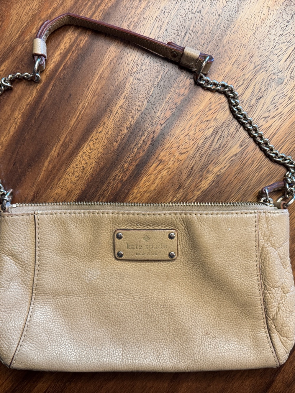 kate spade beige leather wristlet with chain strap